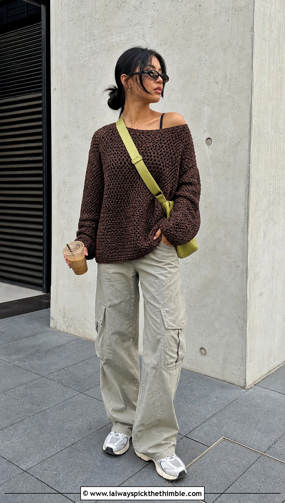Brown Oversized Drop Shoulder Crochet Sweater With Cargo Pants - 15 brown crochet sweater outfit ideas