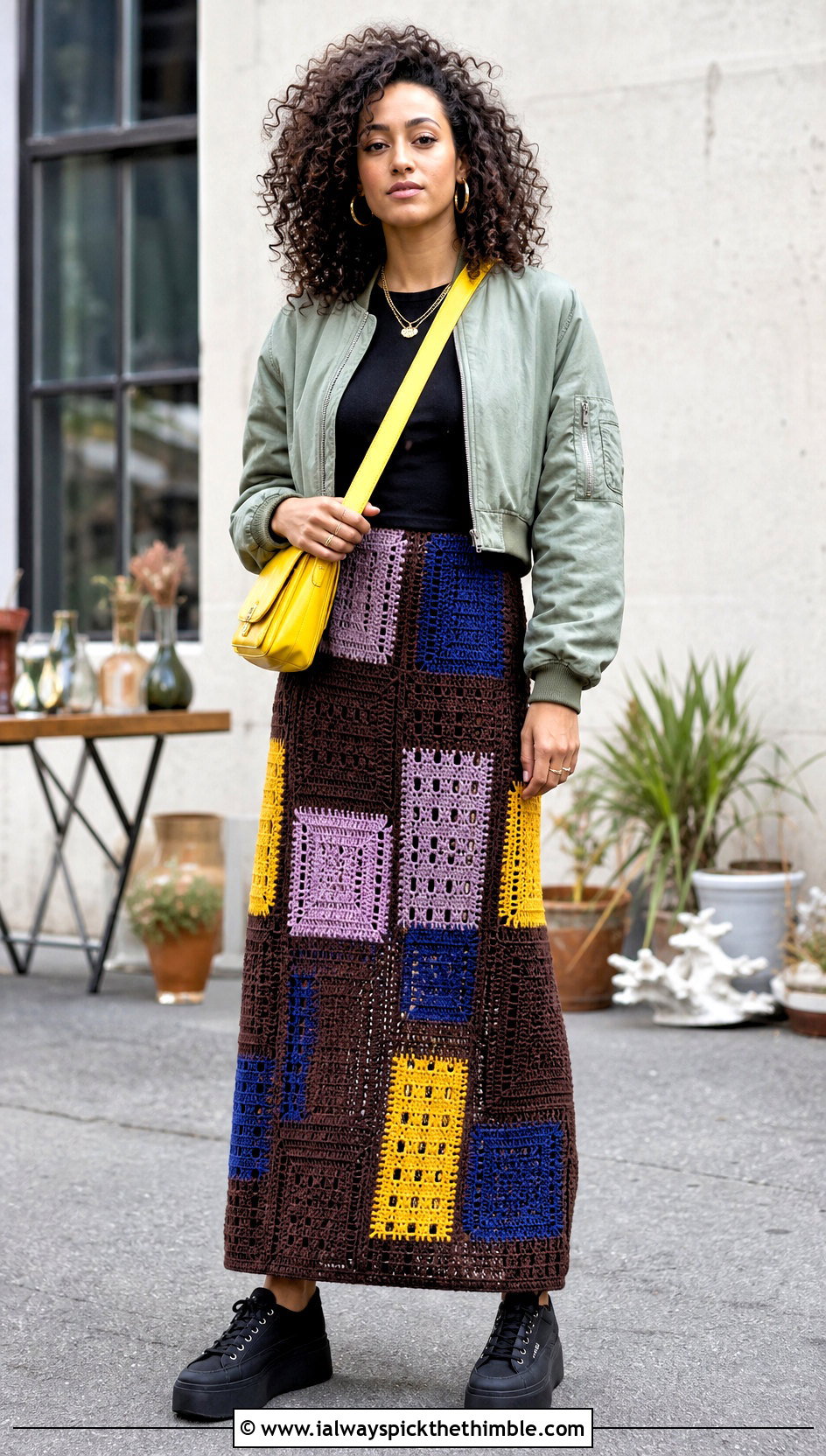 Brown Patchwork Crochet Maxi Skirt With Bomber Jacket - 25 brown crochet skirt outfit ideas