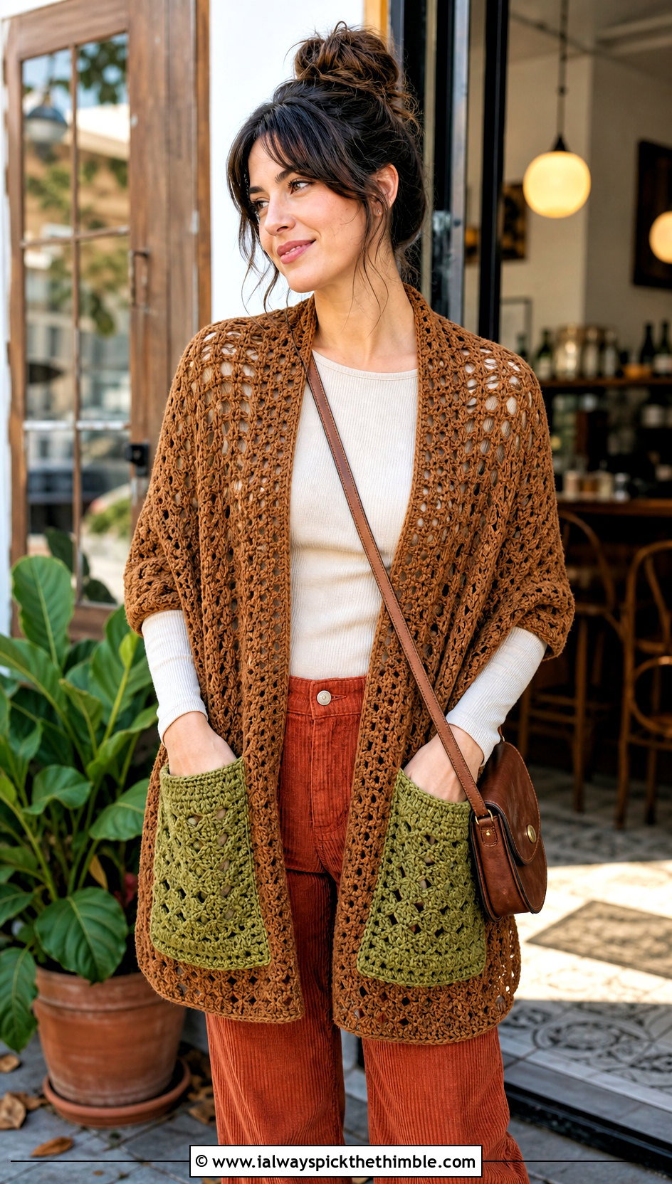 Brown Pocket Crochet Shawl With Corduroy Pants - 15 Brown Crochet Shawl outfit ideas
