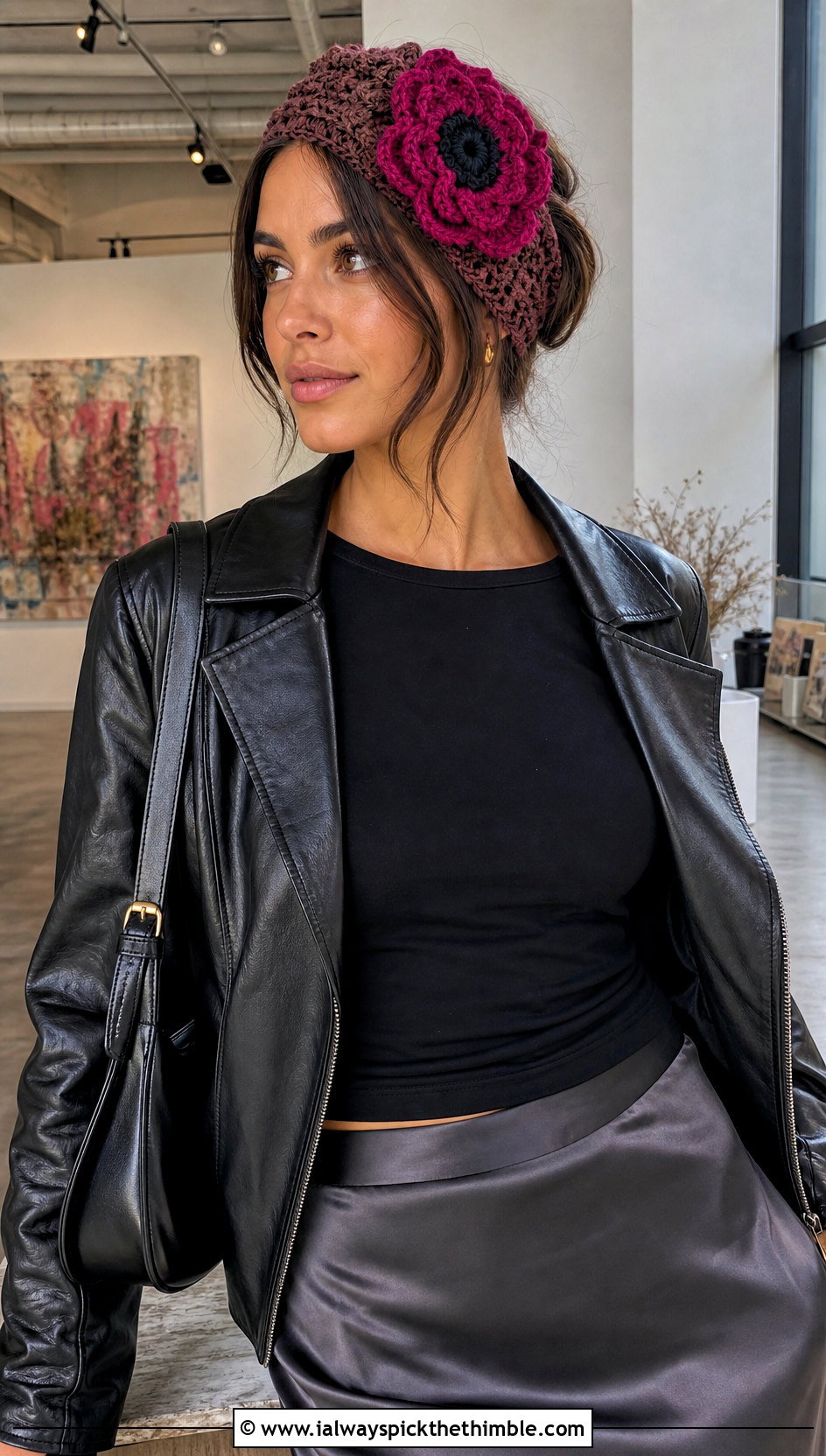 Brown Poppy Crochet Headband With Leather Jacket And Satin Skirt - 15 brown crochet headband with flower outfit ideas