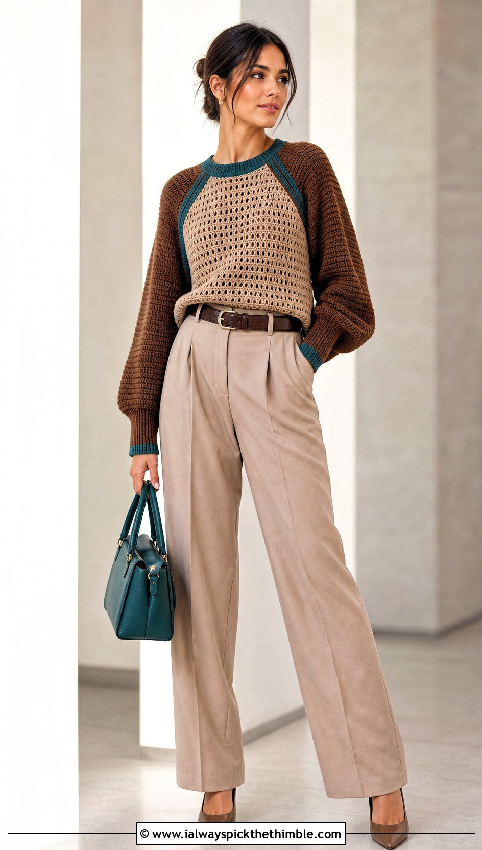 Brown Raglan Crochet Sweater With Pleated Trousers - 20 Brown And Beige Crochet Sweater outfit ideas
