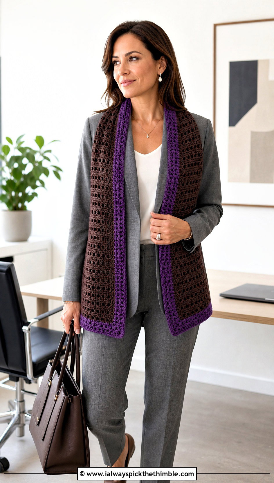 Brown Rectangular Crochet Stole With Gray Suit - 15 Brown Crochet Shawl outfit ideas