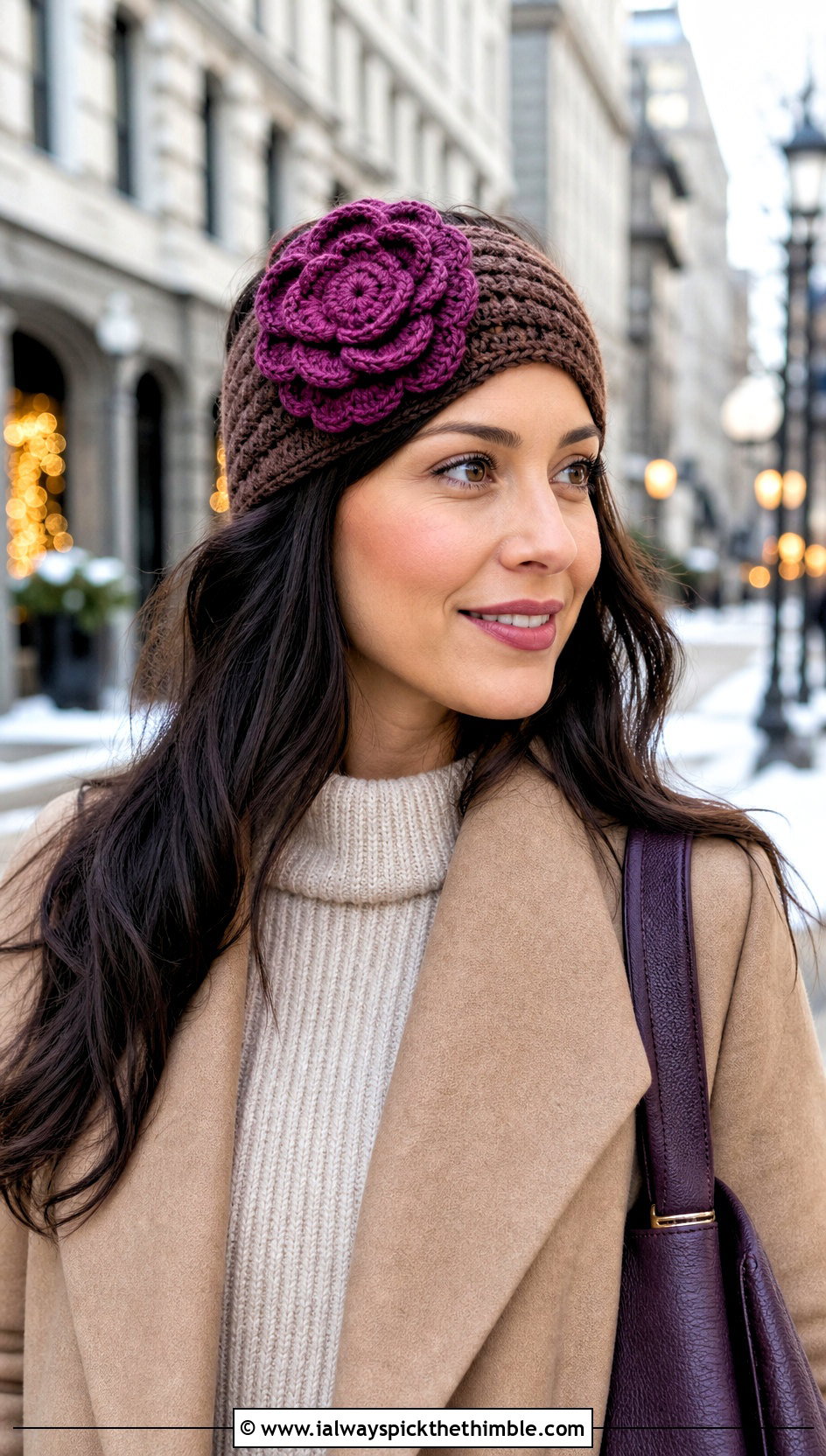 Brown Rosette Crochet Headband With Sweater Dress And Knee Boots - 15 brown crochet headband with flower outfit ideas