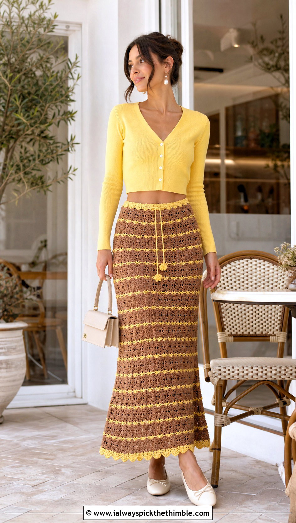 Brown Shell Stitch Crochet Maxi Skirt With Cropped Cardigan - 20 Brown Crochet Maxi Skirt outfit ideas