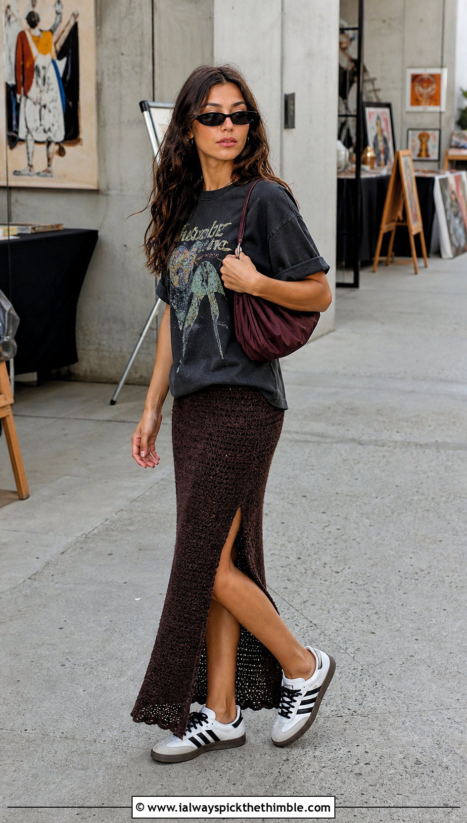 Brown Side Slit Crochet Maxi Skirt With Graphic Tee - 25 brown crochet skirt outfit ideas