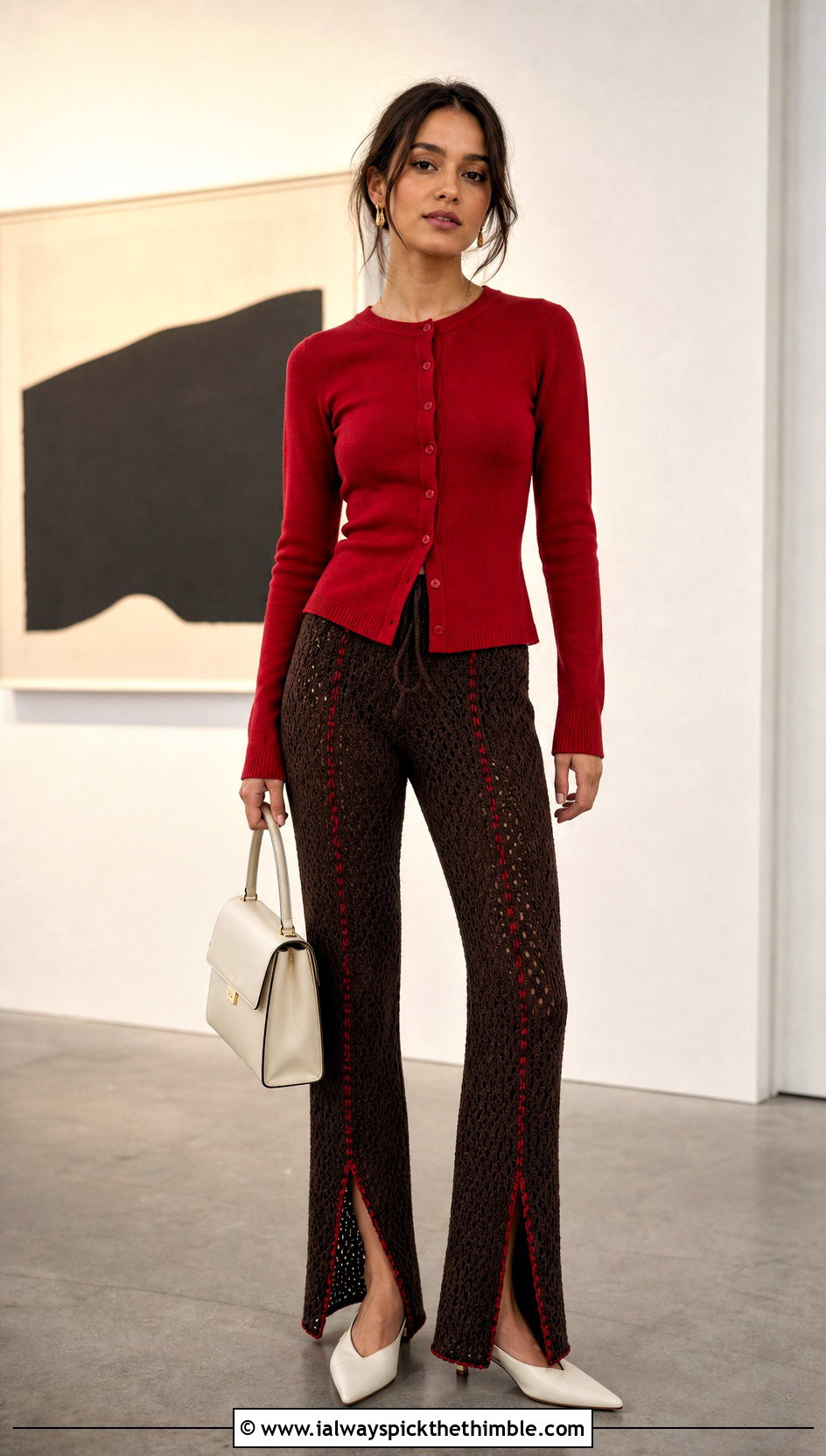 Brown Split Hem Crochet Pants With Cropped Cardigan - 20 brown crochet pants outfit ideas