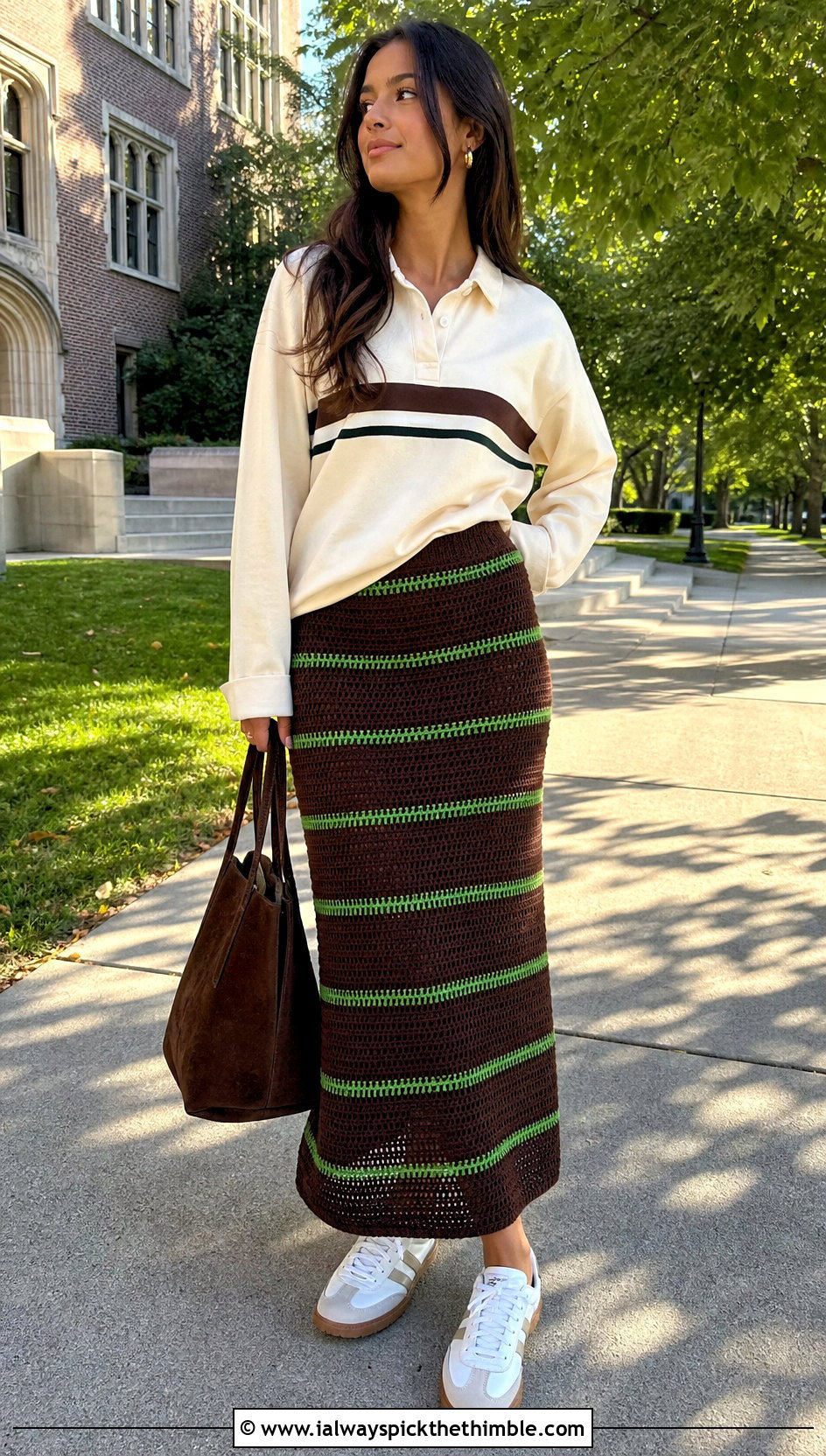 Brown Striped Crochet Maxi Skirt With Rugby Shirt - 20 Brown Crochet Maxi Skirt outfit ideas