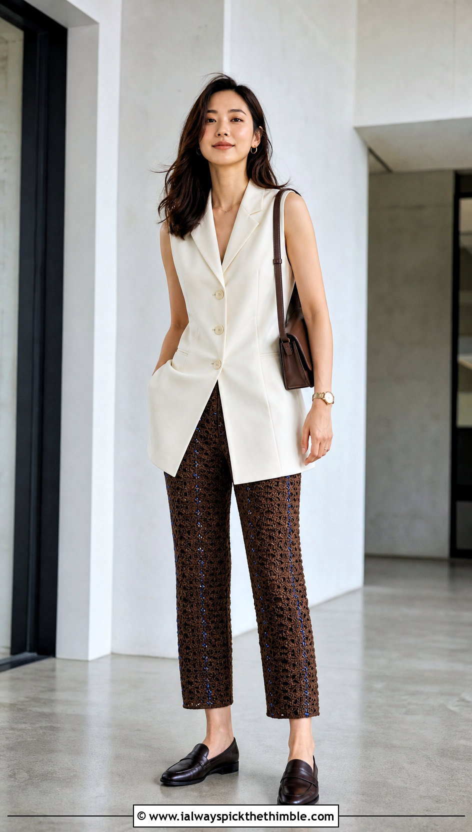 Brown Tapered Crochet Pants With Tailored Vest - 20 brown crochet pants outfit ideas