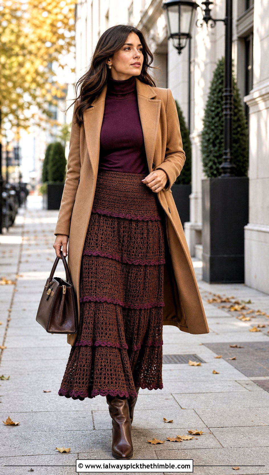 Brown Tiered Crochet Maxi Skirt With Fitted Turtleneck - 20 Brown Crochet Maxi Skirt outfit ideas