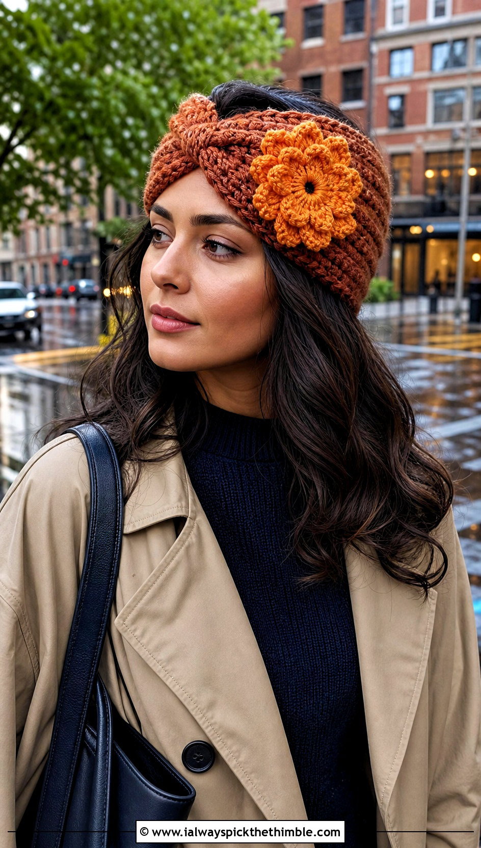 Brown Turban Flower Crochet Headband With Trench Coat And Loafers - 15 brown crochet headband with flower outfit ideas