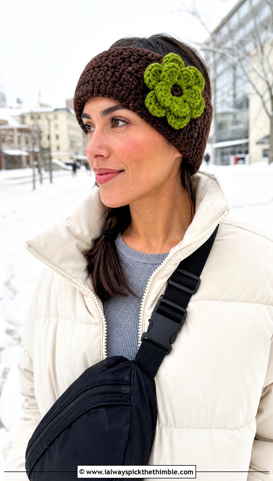 Brown Wide Ear Warmer Flower Headband With Puffer And Leggings - 15 brown crochet headband with flower outfit ideas
