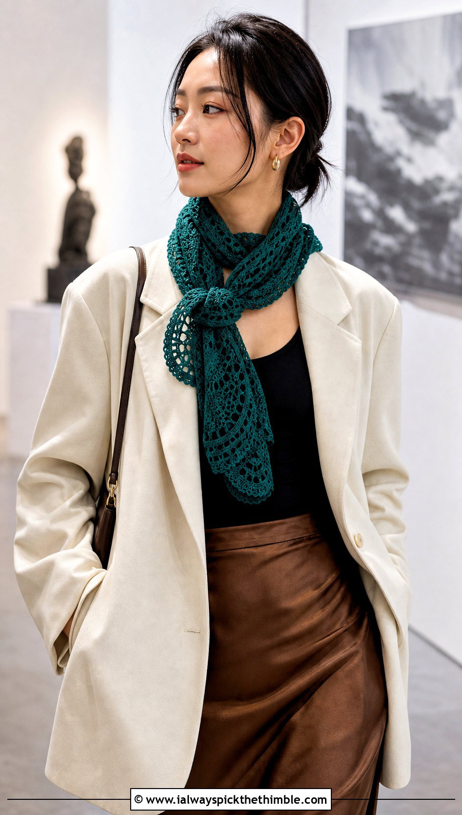 Bruges Crochet Lace Scarf With Blazer And Slip Skirt - 25 crochet lace scarf outfit ideas