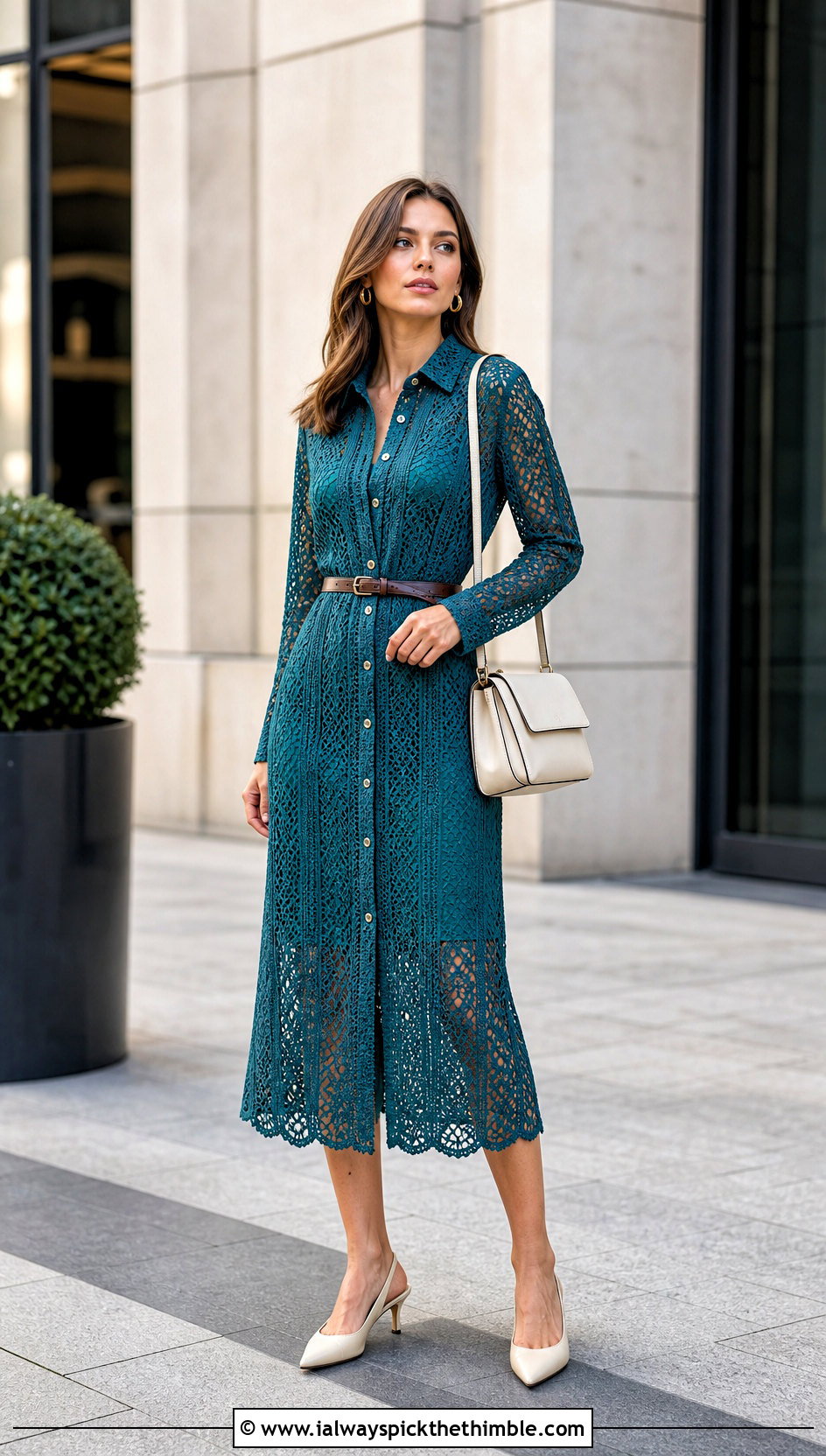 Bruges Crochet Lace Shirt Dress With Belt And Slingback Heels - 15 crochet lace dress design outfit ideas