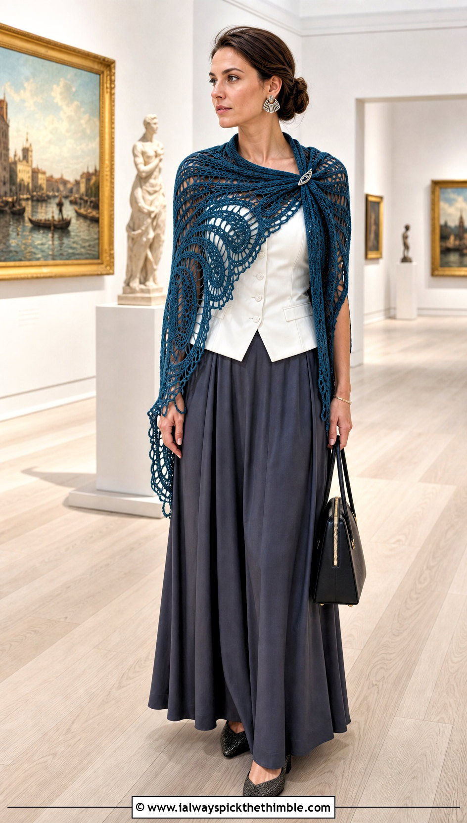 Bruges Lace Shawl With Waistcoat And Maxi Skirt - 25 lacy crochet shawl outfit ideas