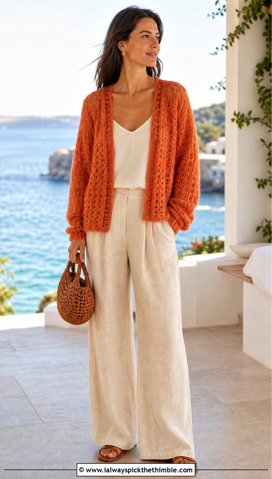 Brushed Alpaca Fluffy Crochet Sweater With Linen Trousers - 25 fluffy crochet sweater outfit ideas
