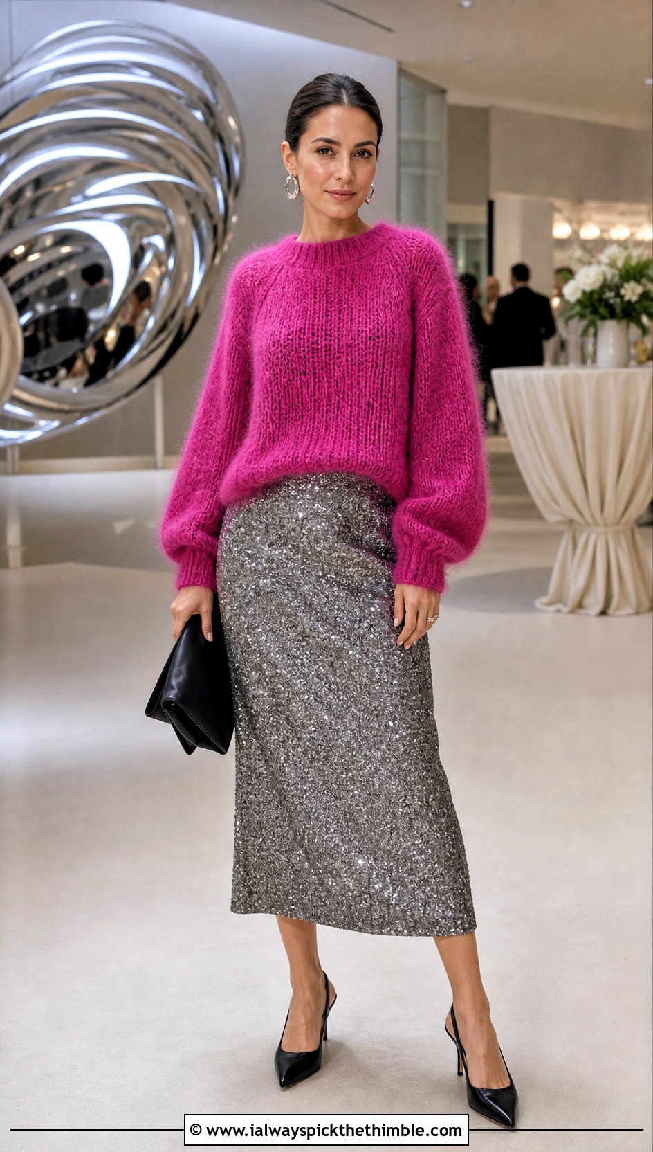 Brushed Crochet Mohair Raglan Sweater With Sequin Midi Skirt - 15 Crochet Mohair Raglan Sweater outfit ideas