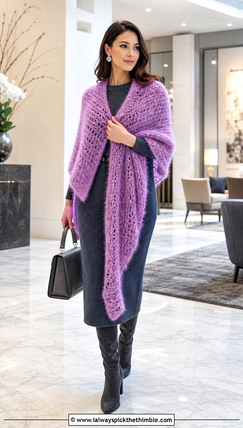 Brushed Mohair Rectangle Crochet Shawl With Knit Dress - 25 Crochet Rectangle Shawl outfit ideas