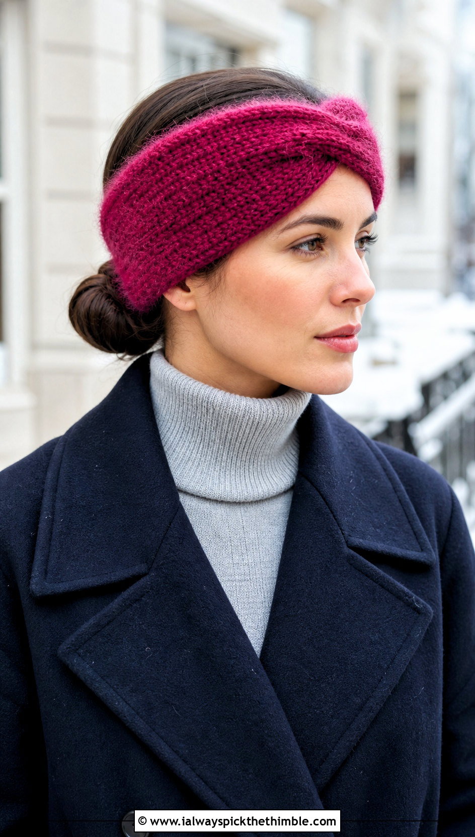 Brushed Yarn Crochet Twist Headband With Wool Coat - 20 crochet twist headband outfit ideas