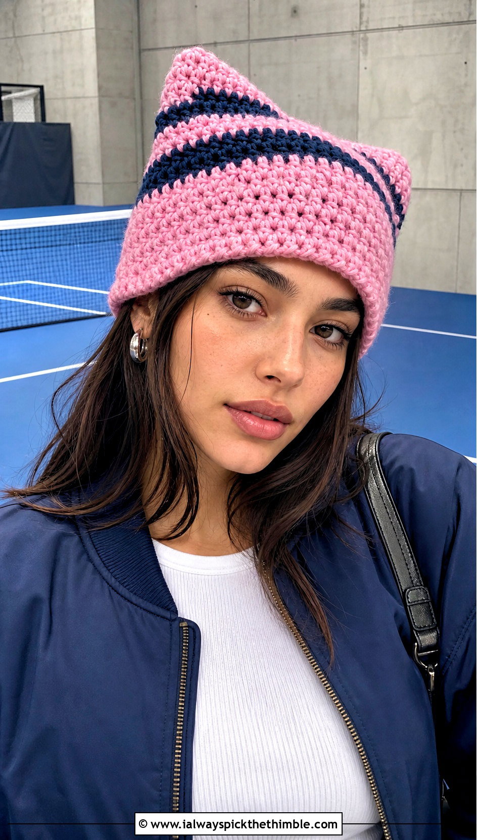 Bubblegum Pink Clancy Crochet Beanie With Sporty Bomber Jacket - 20 clancy beanie crochet outfit ideas