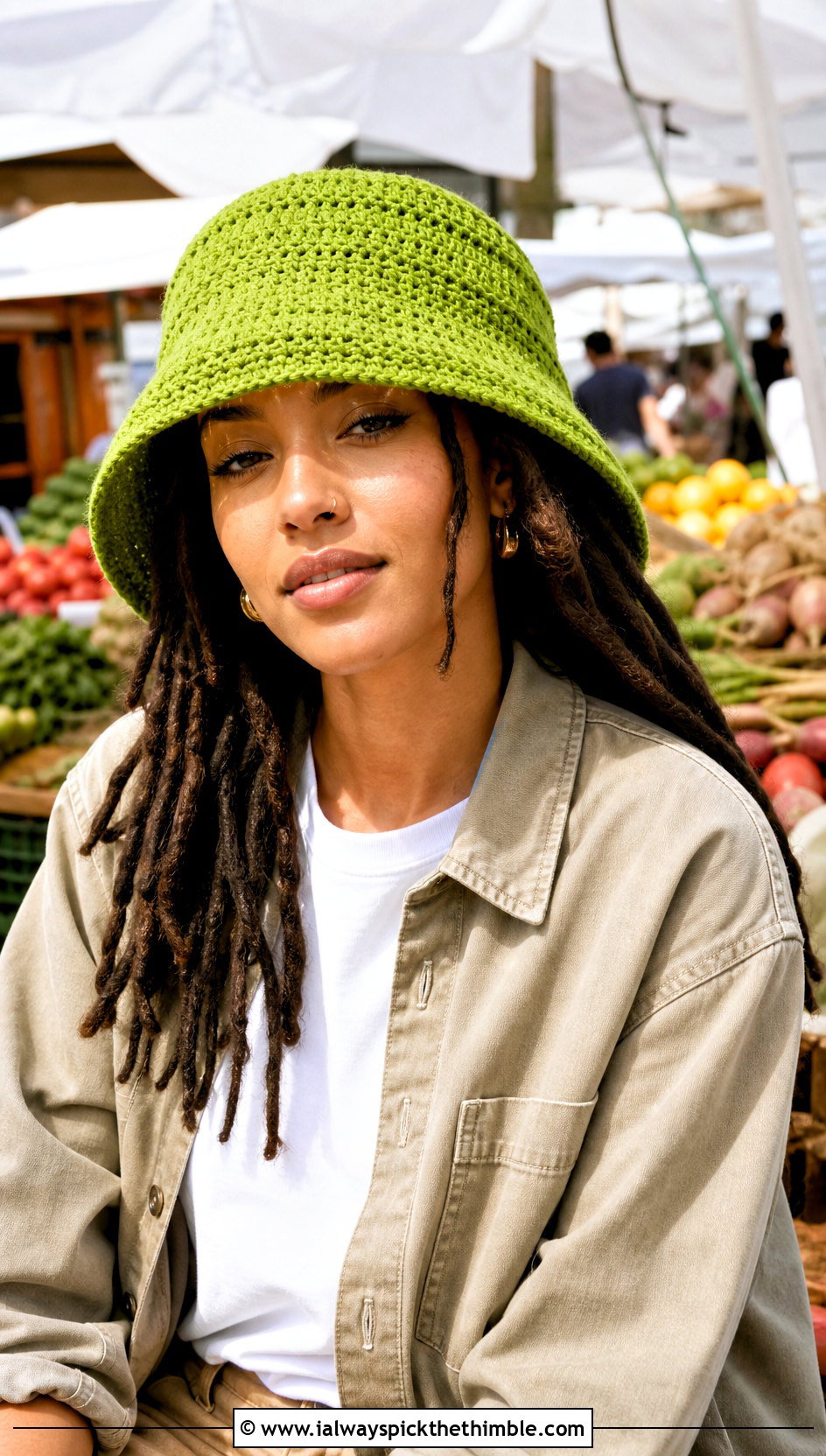 Bucket Shaped Crochet Dread Cap With Workwear Pants - 20 Crochet Dread Cap outfit ideas