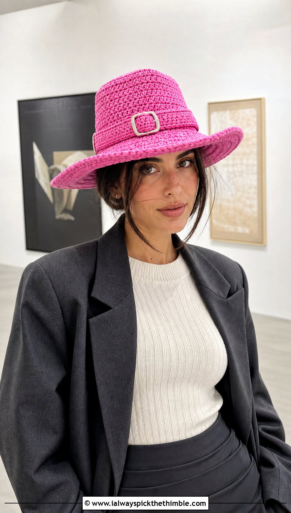 Buckle Band Crochet Pilgrim Hat With Blazer And Mini Skirt - 20 Crochet Pilgrim Hat outfit ideas