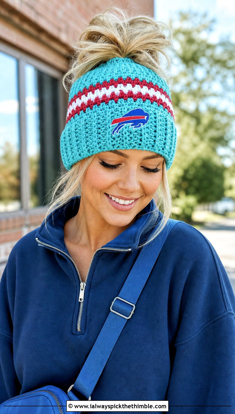 Buffalo Bills Messy Bun Beanie With Quarter Zip And Leggings - 20 Buffalo Bills Crochet Hat outfit ideas