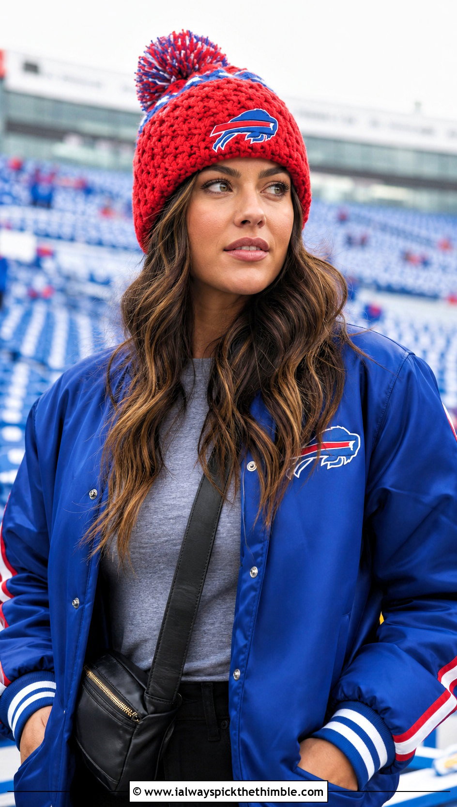 Buffalo Bills Pom Pom Beanie With Varsity Jacket And Leggings - 20 Buffalo Bills Crochet Hat outfit ideas