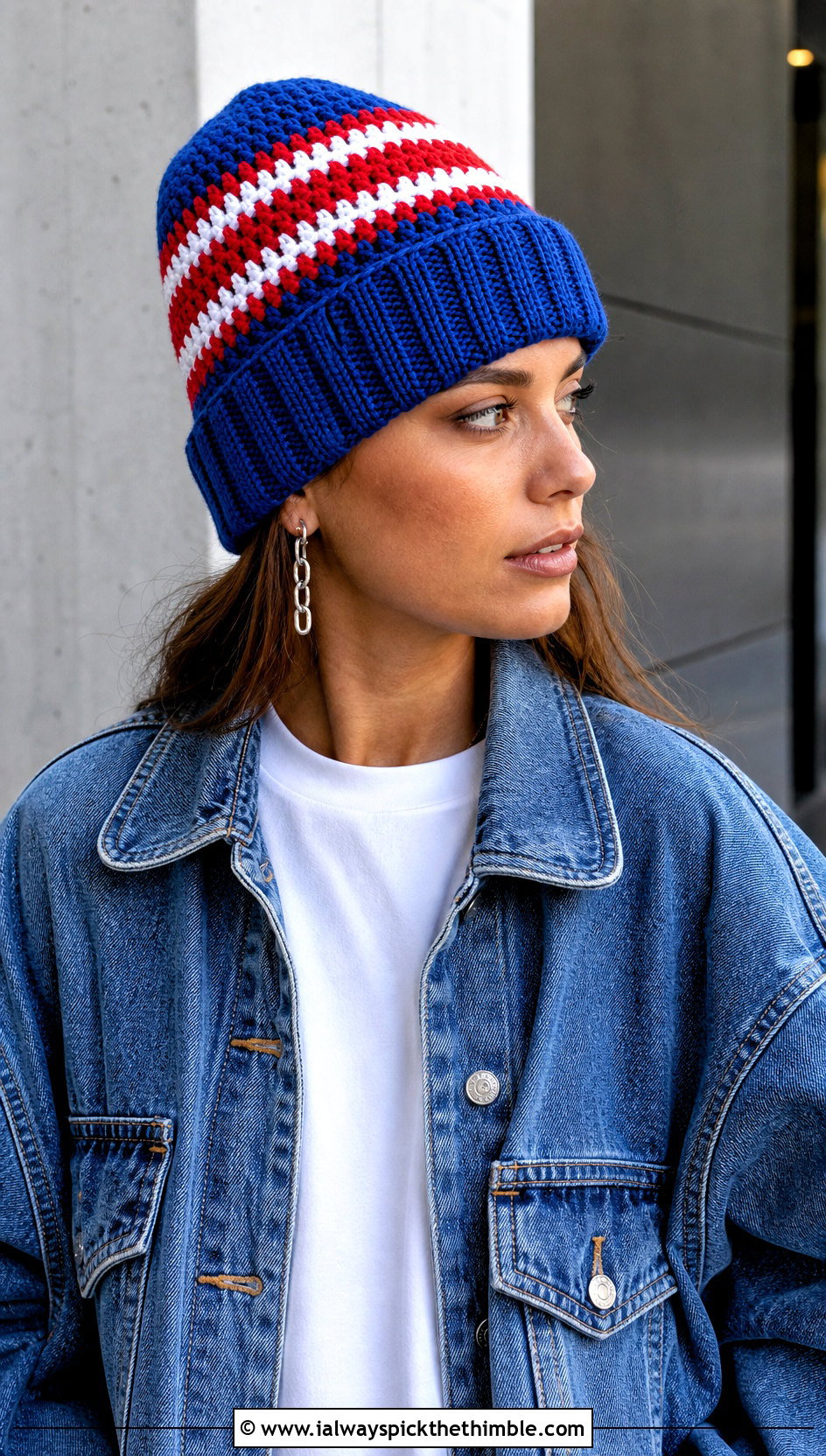 Buffalo Bills Striped Beanie With Denim Jacket And Leather Pants - 20 Buffalo Bills Crochet Hat outfit ideas