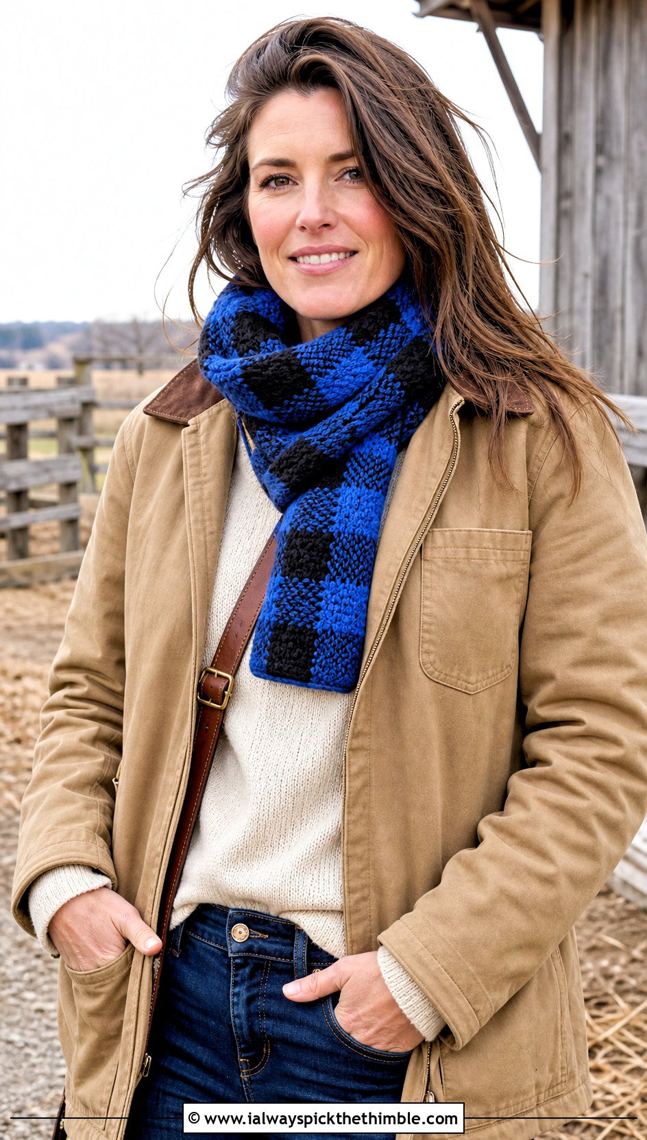 Buffalo Check Crochet Scarf With Barn Jacket - 20 Checkered Crochet Scarf outfit ideas