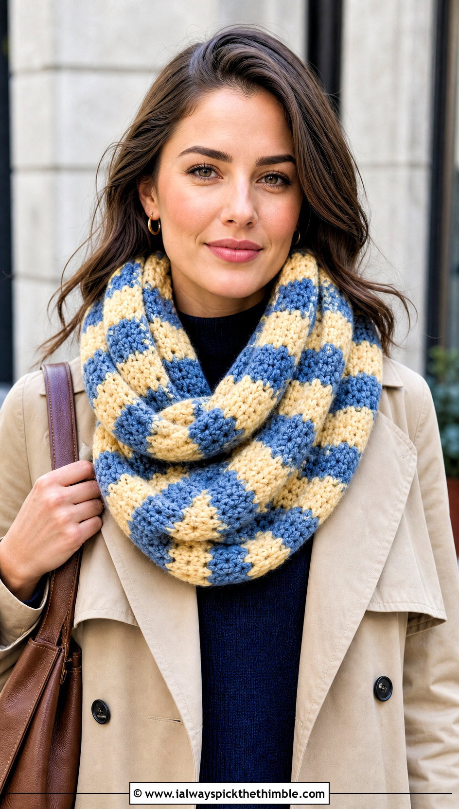 Buffalo Plaid Crochet Infinity Scarf With Trench Coat - 15 buffalo plaid crochet scarf outfit ideas