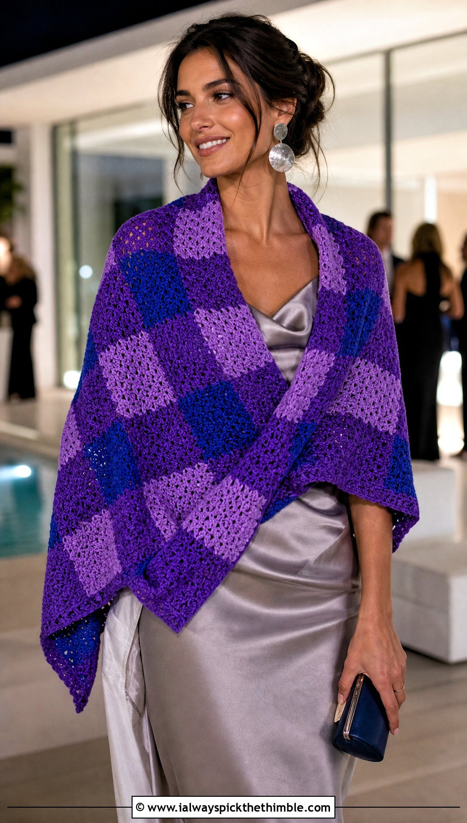 Buffalo Plaid Crochet Wrap Scarf With Satin Dress - 15 buffalo plaid crochet scarf outfit ideas