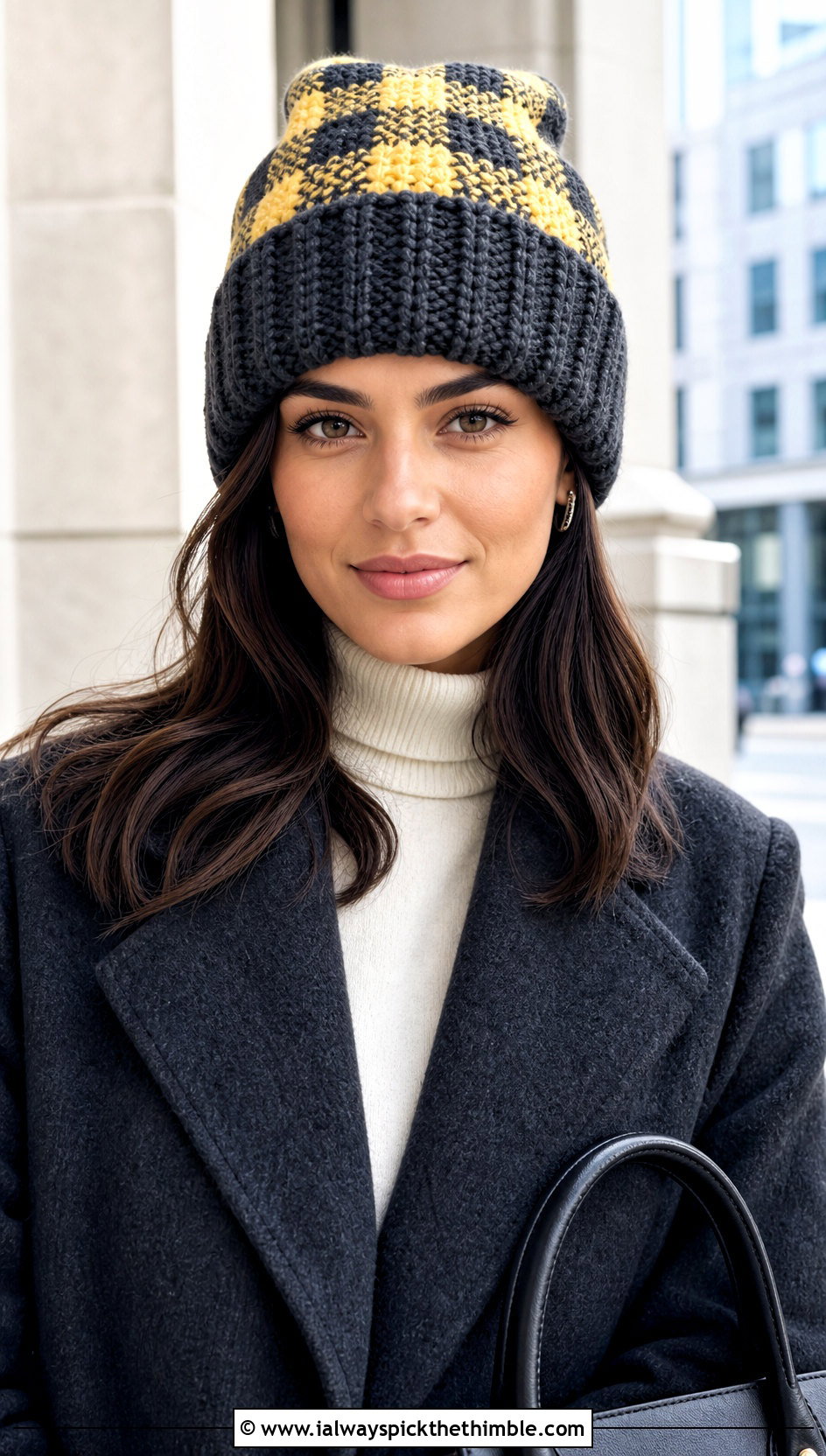 Buffalo Plaid Cuffed Beanie With Wool Coat - 20 Buffalo Plaid Crochet Hat outfit ideas