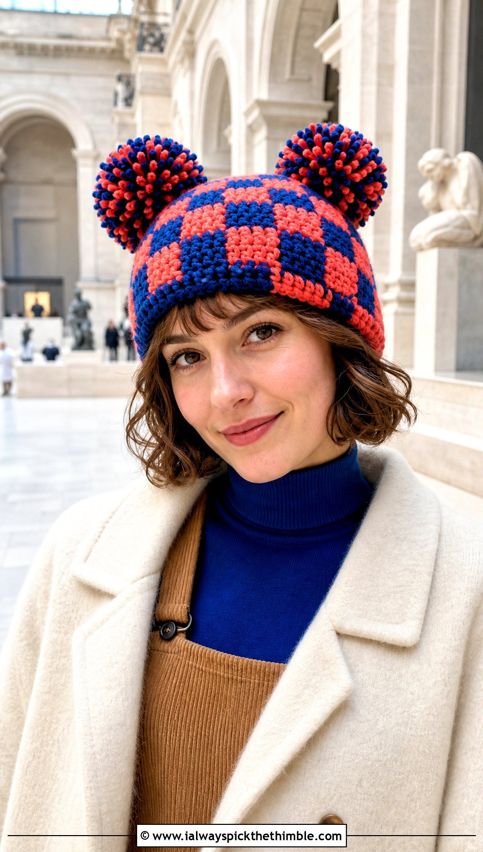 Buffalo Plaid Double Pom Hat With Pinafore Dress - 20 Buffalo Plaid Crochet Hat outfit ideas