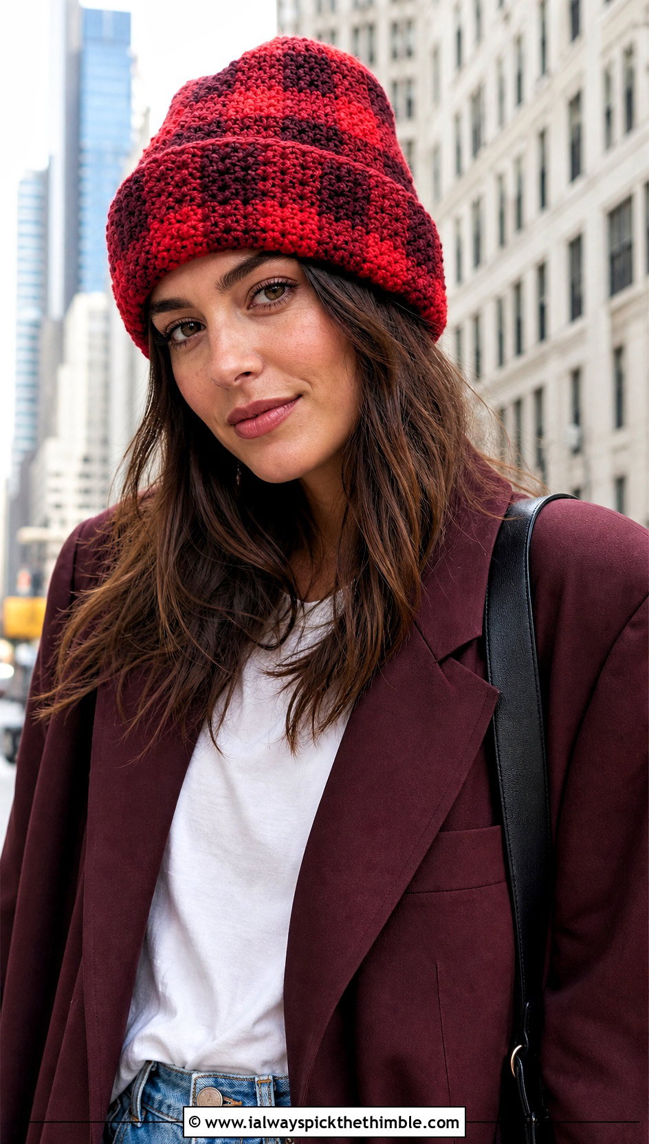 Buffalo Plaid Foldover Beanie With Blazer And Jeans - 20 Buffalo Plaid Crochet Hat outfit ideas