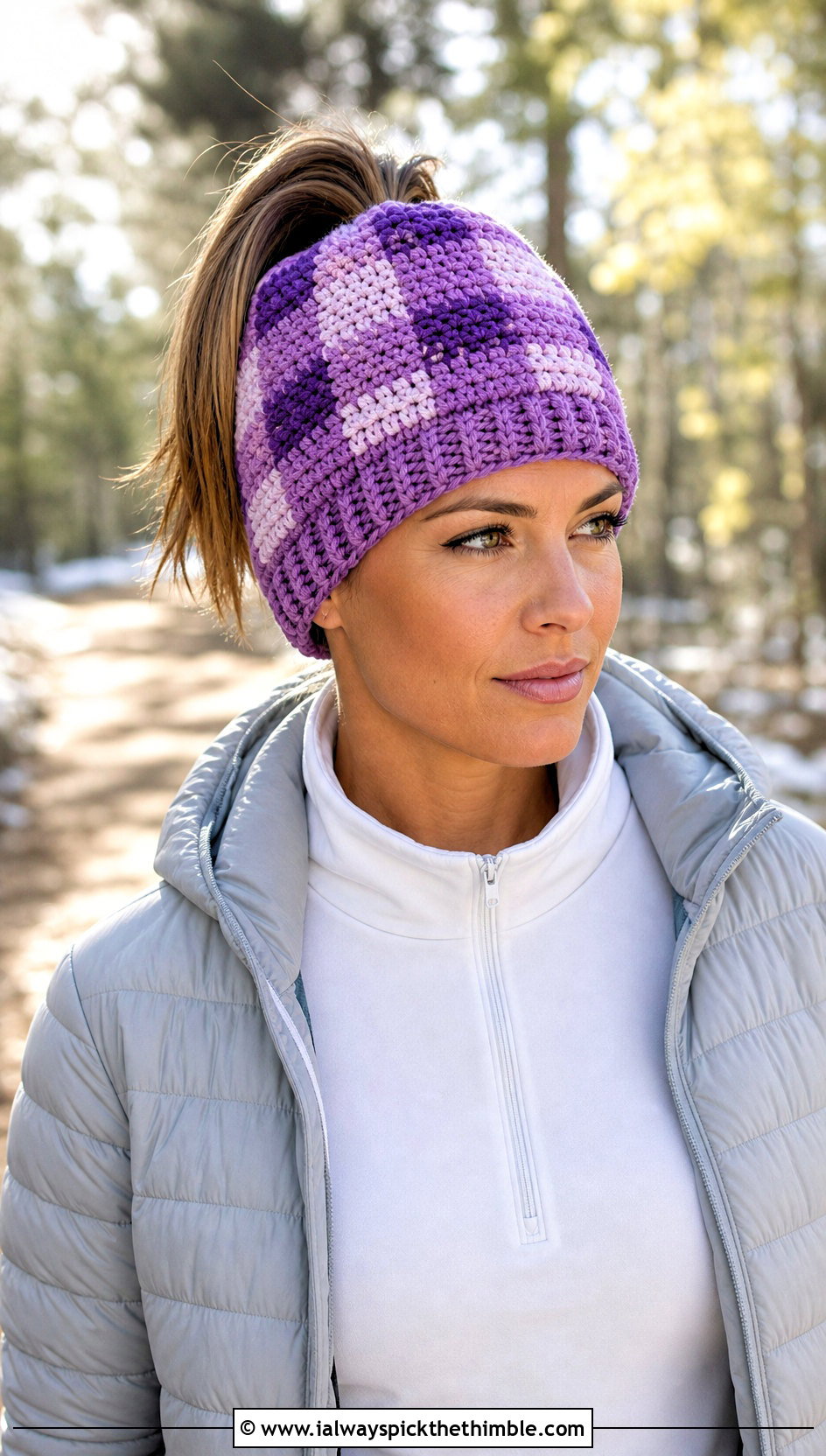 Buffalo Plaid Messy Bun Beanie With Athleisure - 20 Buffalo Plaid Crochet Hat outfit ideas