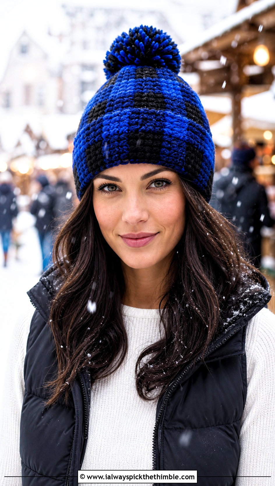 Buffalo Plaid Pom Pom Beanie With Puffer Vest - 20 Buffalo Plaid Crochet Hat outfit ideas