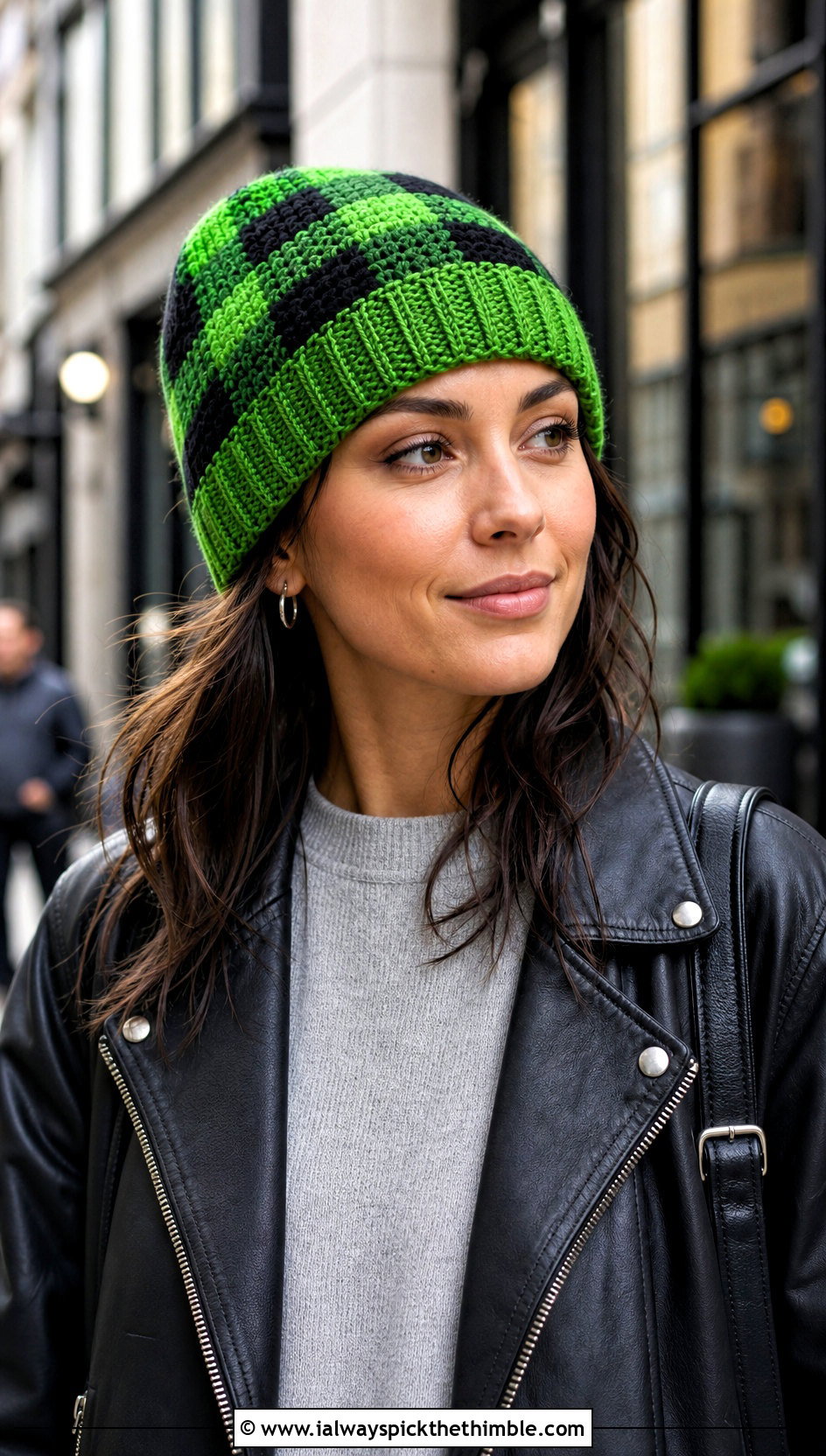 Buffalo Plaid Ribbed Brim Beanie With Leather Jacket - 20 Buffalo Plaid Crochet Hat outfit ideas