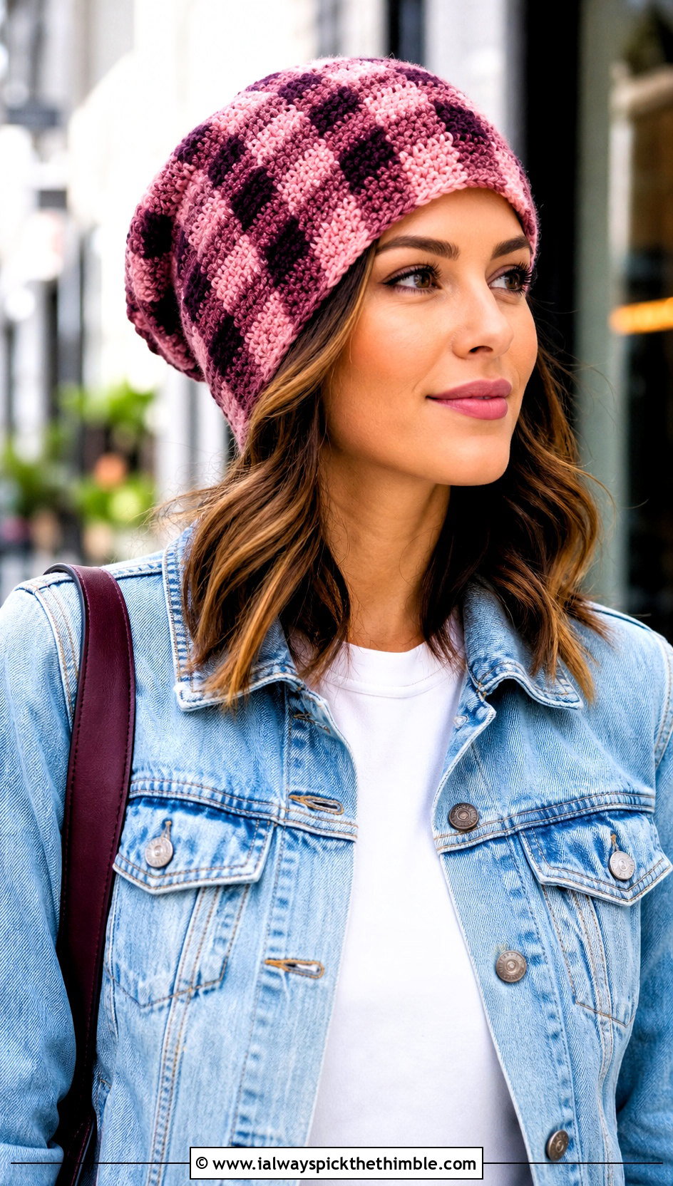 Buffalo Plaid Slouchy Beanie With Denim Jacket - 20 Buffalo Plaid Crochet Hat outfit ideas
