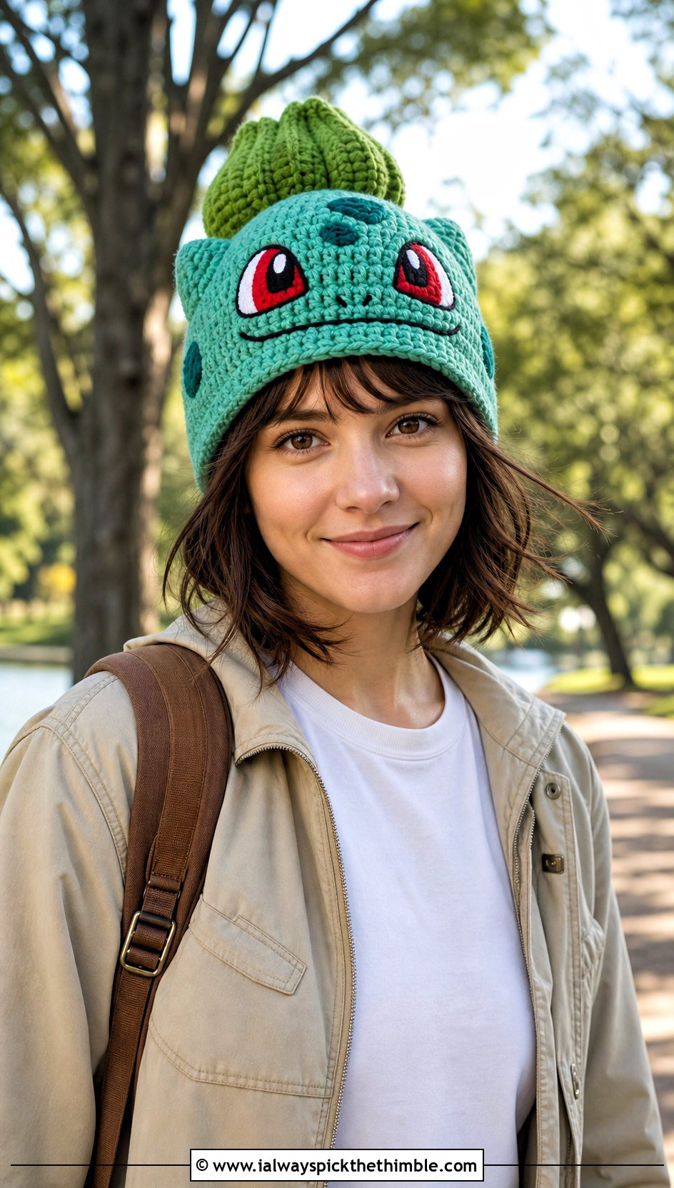 Bulbasaur Sprout Beanie With Utility Jacket - 20 crochet pokemon beanie outfit ideas