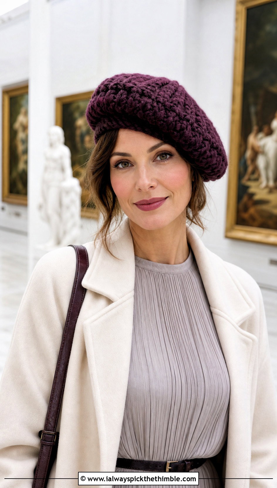 Bulky 5 Yarn Crochet Beret With Pleated Midi Dress - 20 bulky 5 yarn crochet hat outfit ideas