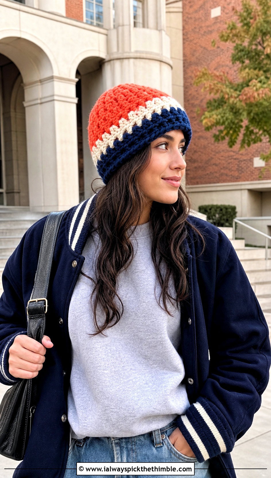 Bulky 5 Yarn Crochet Color Block Beanie With Varsity Jacket - 20 bulky 5 yarn crochet hat outfit ideas