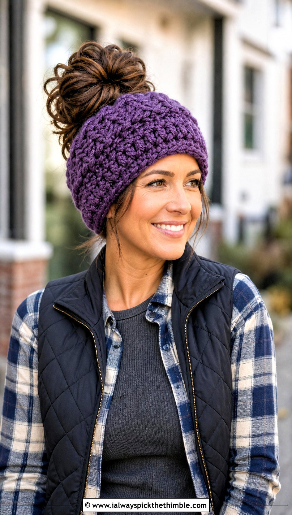 Bulky 5 Yarn Crochet Messy Bun Beanie With Flannel Shirt - 20 bulky 5 yarn crochet hat outfit ideas