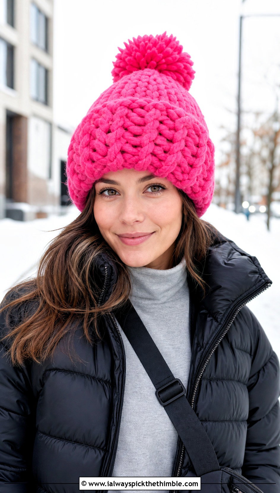 Bulky 5 Yarn Crochet Pom Pom Beanie With Puffer Jacket - 20 bulky 5 yarn crochet hat outfit ideas