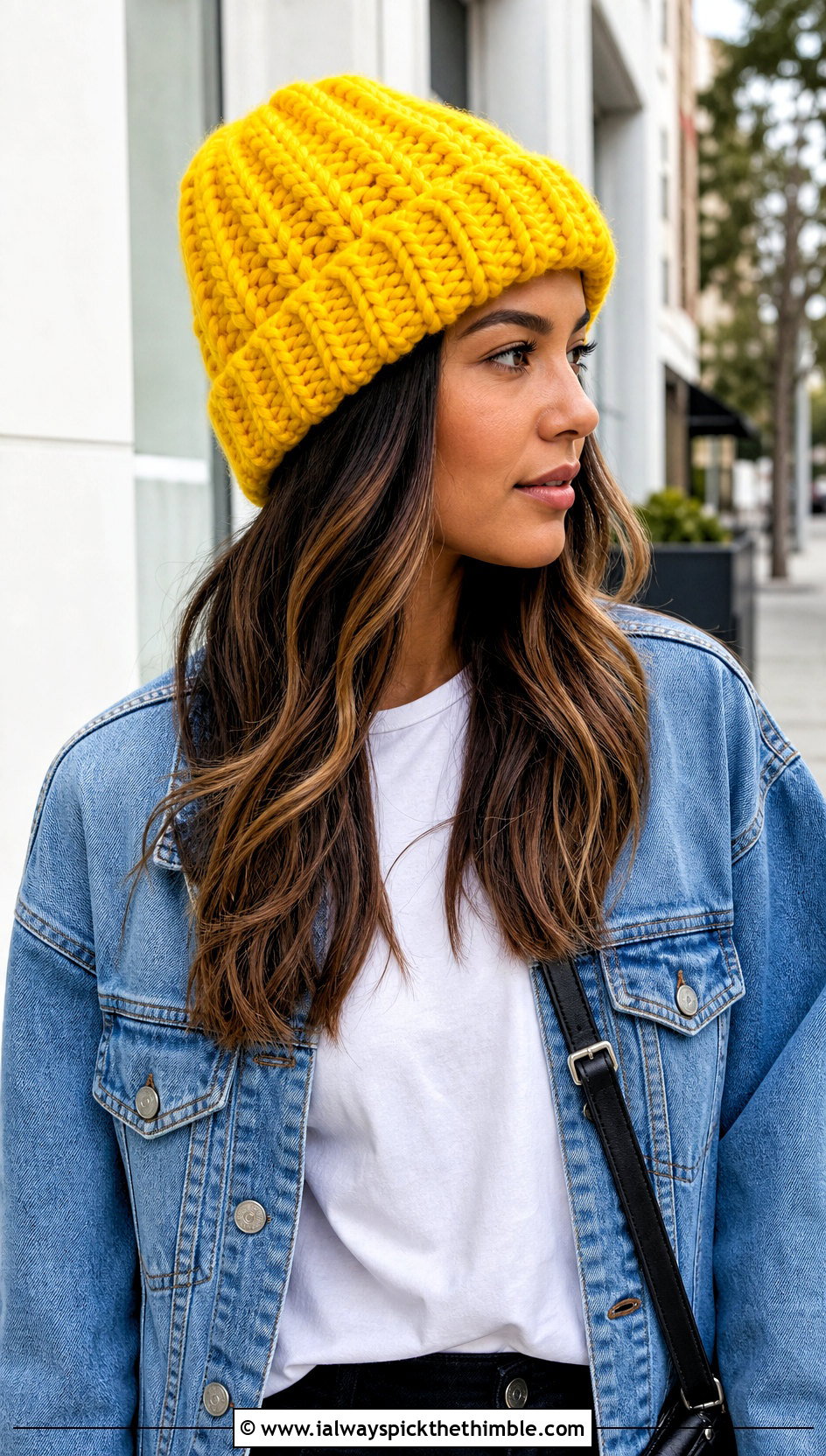 Bulky 5 Yarn Crochet Ribbed Beanie With Denim Jacket - 20 bulky 5 yarn crochet hat outfit ideas