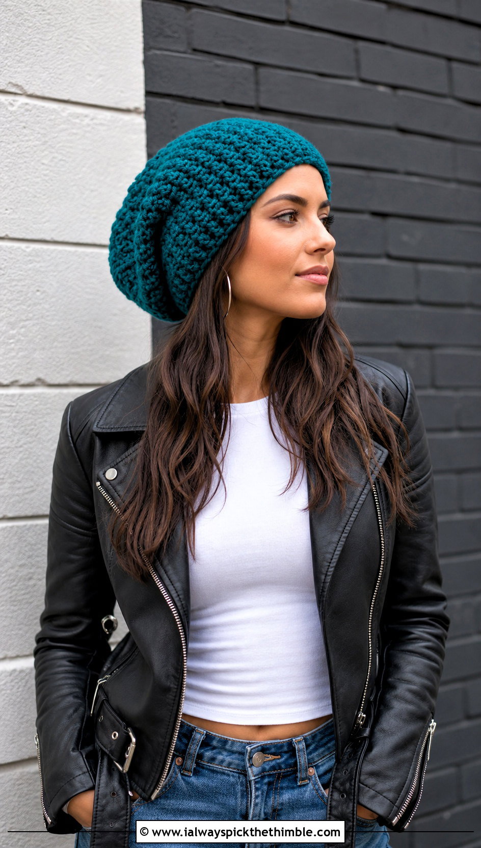 Bulky 5 Yarn Crochet Slouchy Beanie With Leather Jacket - 20 bulky 5 yarn crochet hat outfit ideas