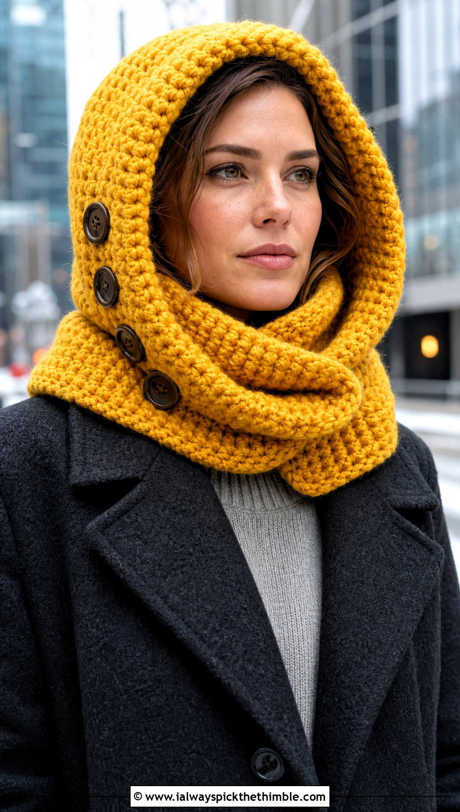 Bulky Buttoned Katniss Crochet Hood With Tailored Coat - 15 katniss crochet hat outfit ideas