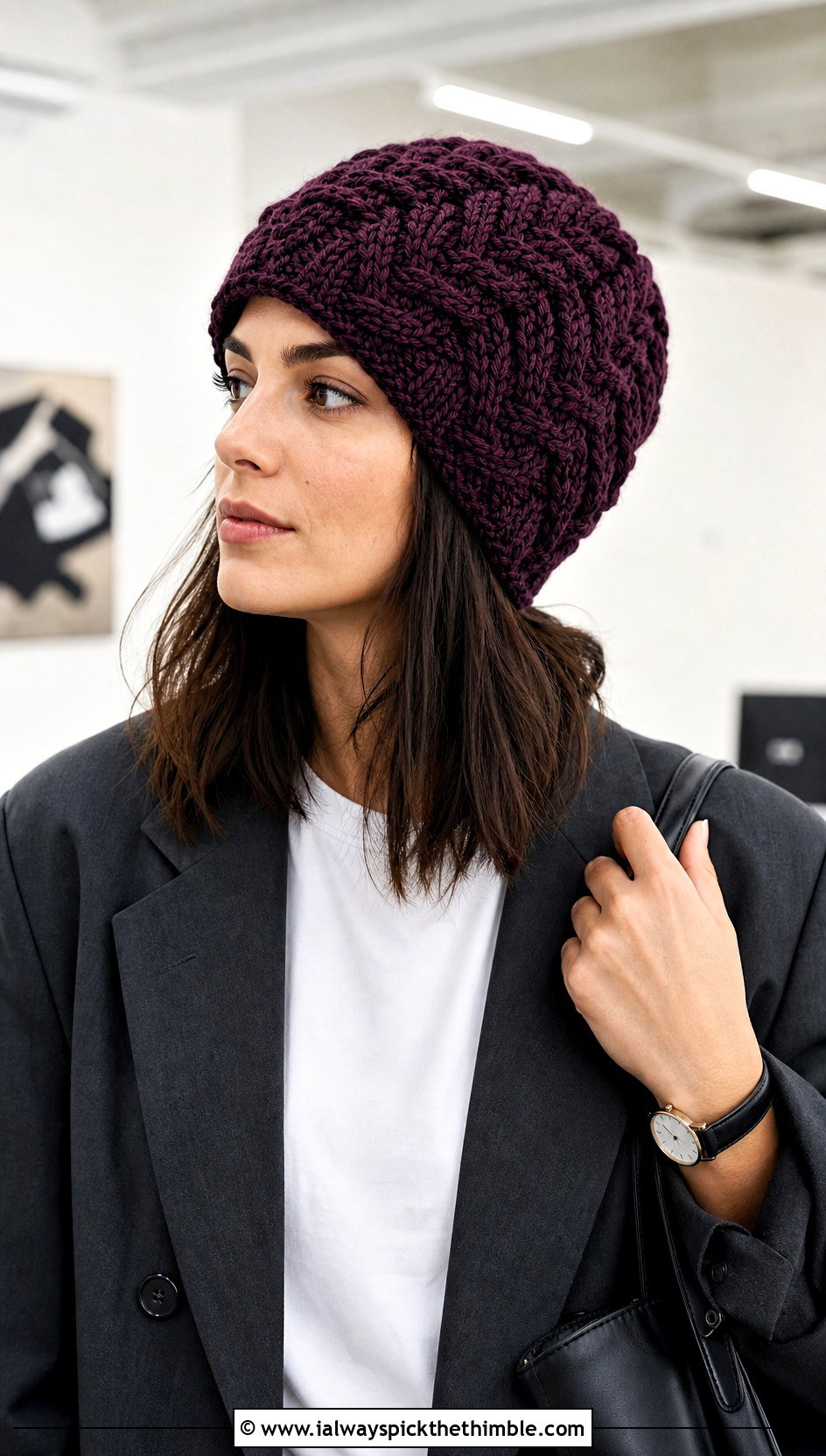Bulky Cable Texture Crochet Beanie With Blazer - 20 bulky crochet beanie outfit ideas