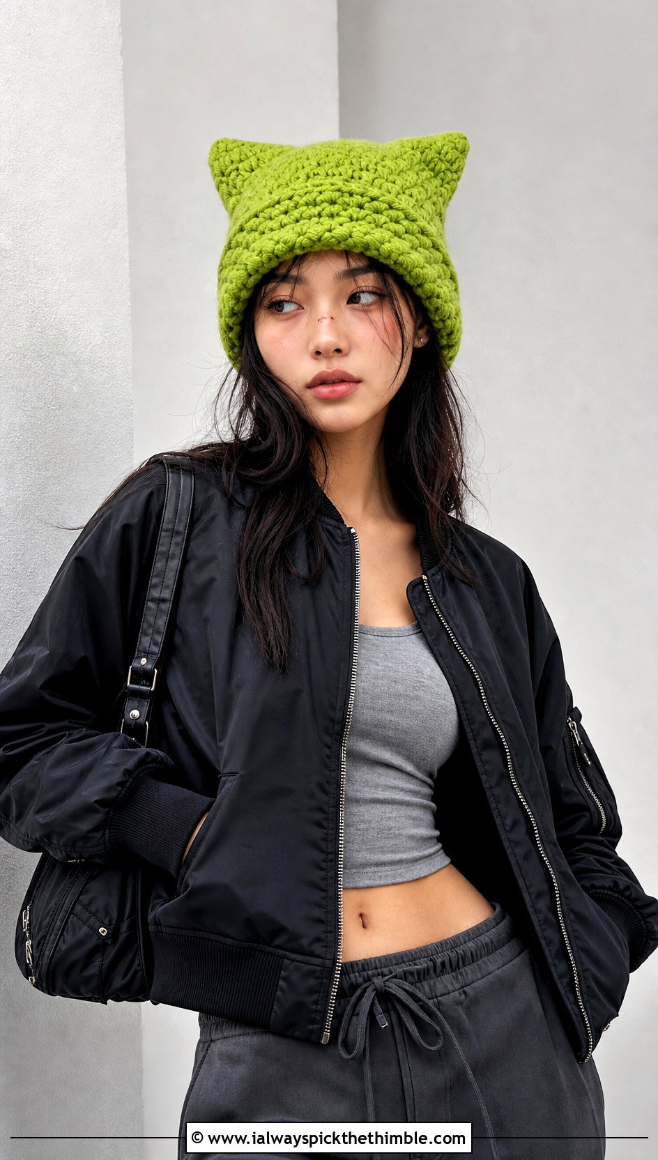 Bulky Cat Ear Crochet Beanie With Cargo Pants - 20 bulky crochet beanie outfit ideas