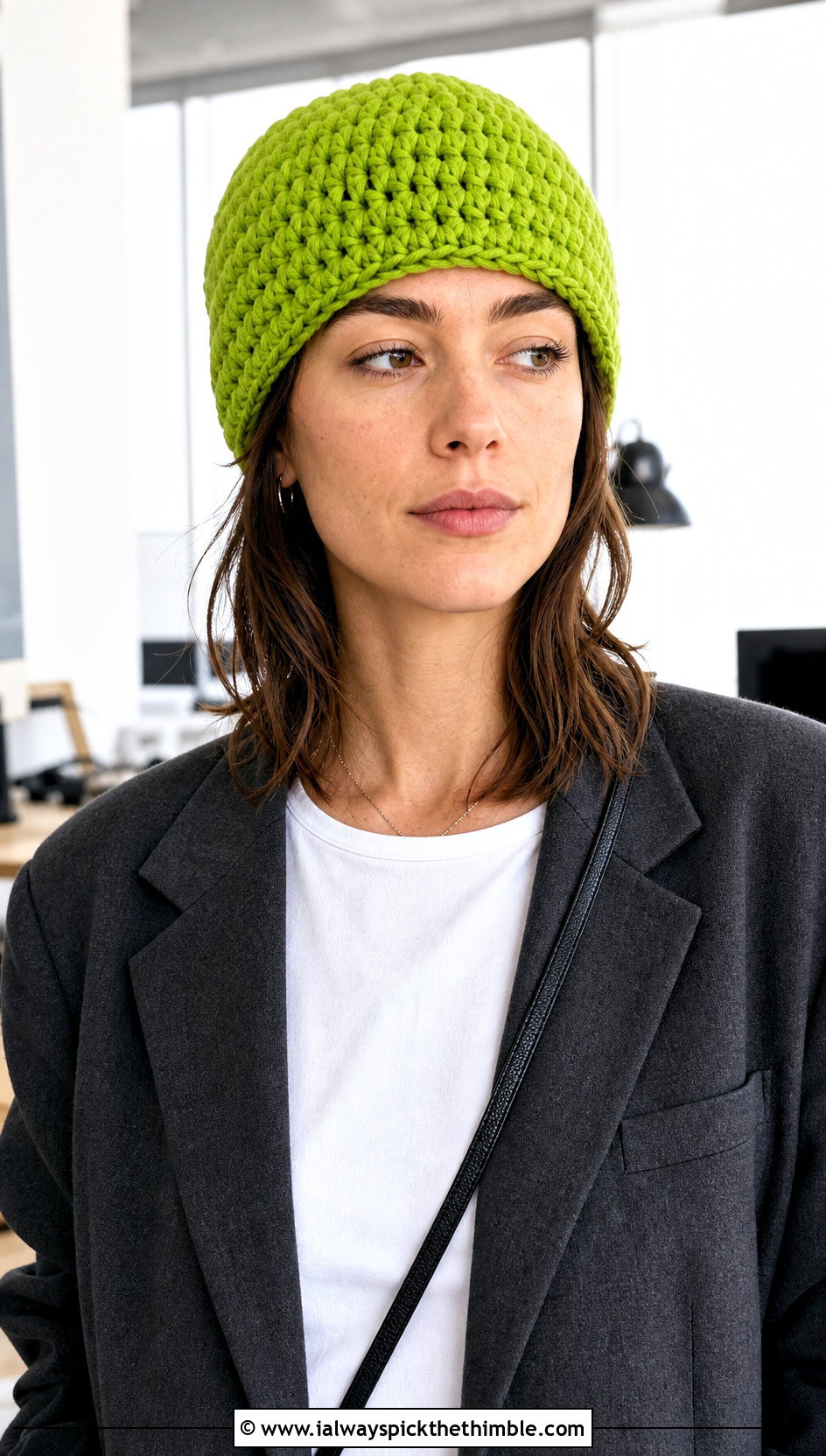Bulky Classic Crochet Beanie With Suit And Sneakers - 20 bulky crochet beanie outfit ideas