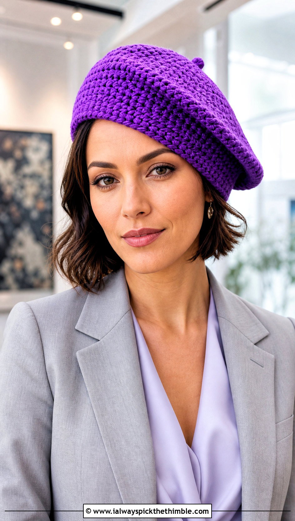 Bulky Crochet Beret With Blazer And Trousers - 15 Easy Bulky Crochet Hat outfit ideas